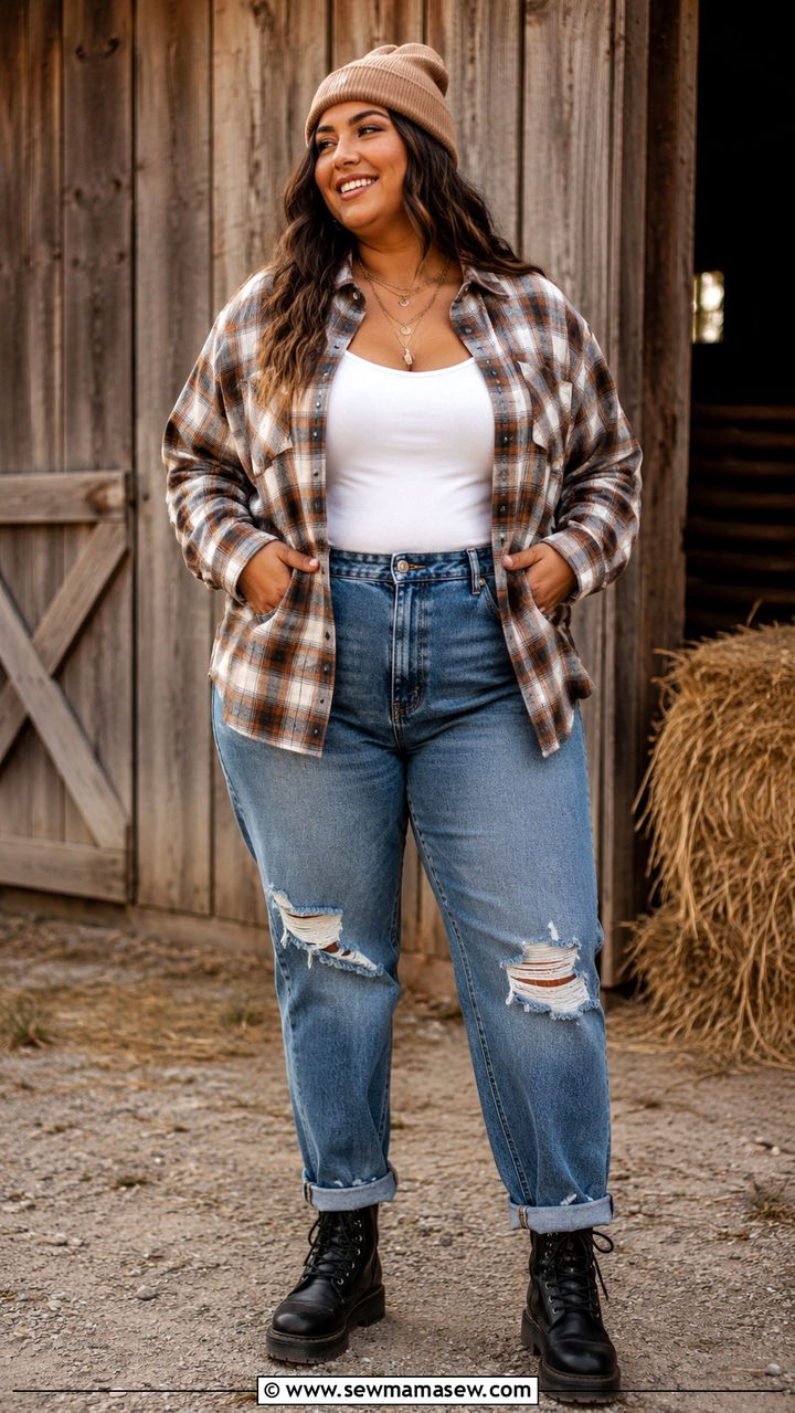 Plus Size Amazon Flannel Shirt With Distressed Jeans And Boots - 25 Plus size Amazon finds outfit ideas