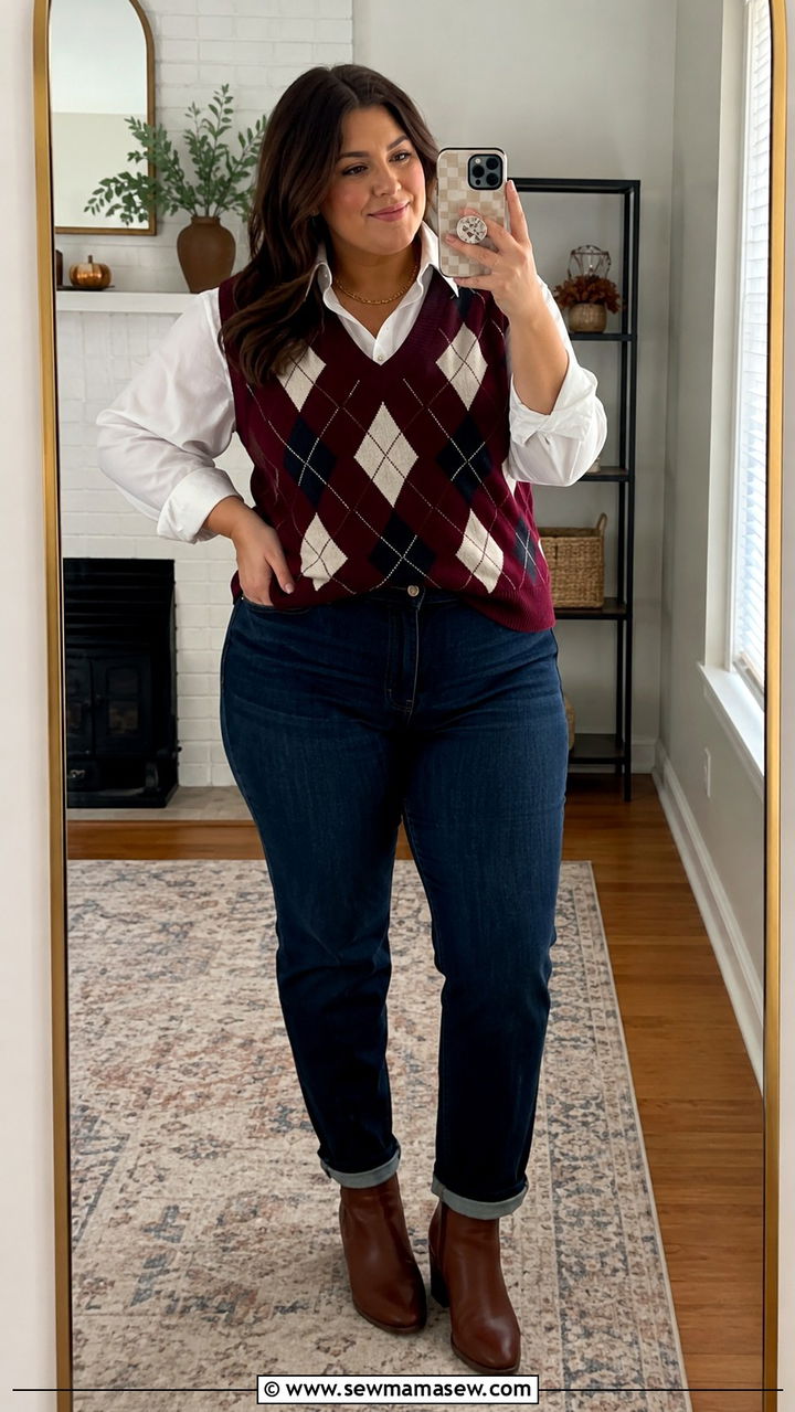 Plus Size Argyle Sweater Vest With Oxford Shirt - 25 Preppy outfits plus size