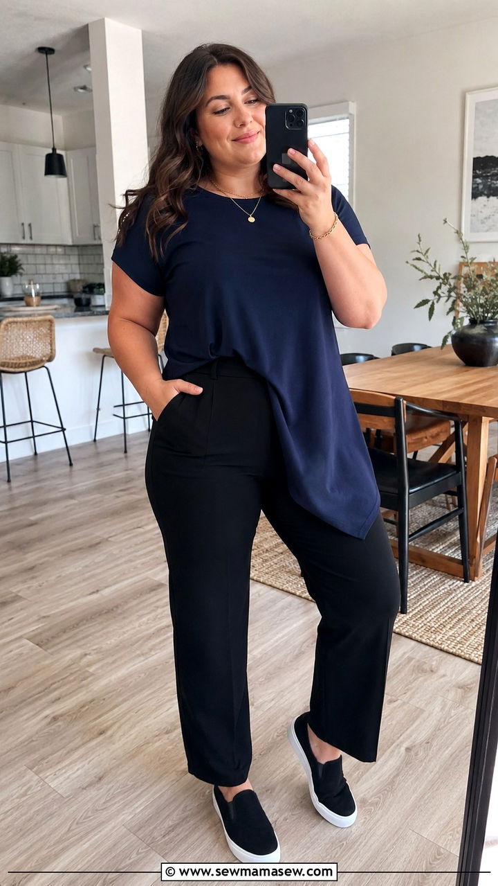 Plus Size Asymmetrical Hem Top with High Waisted Straight Leg Pants - 20 Outfit ideas to hide belly fat plus size