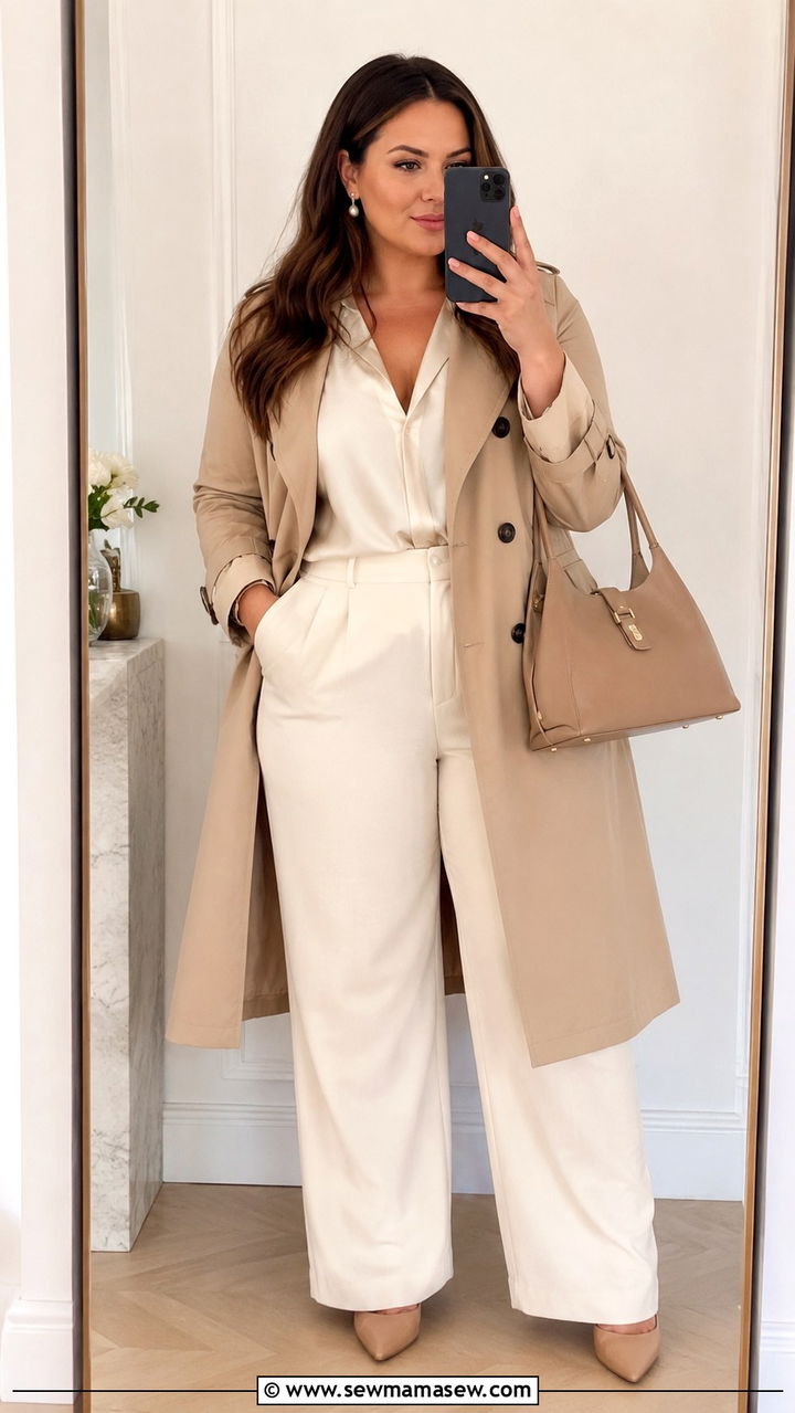 Plus Size Beige Trench Coat with Cream Monochrome Ensemble - 30 Parisian outfits plus size