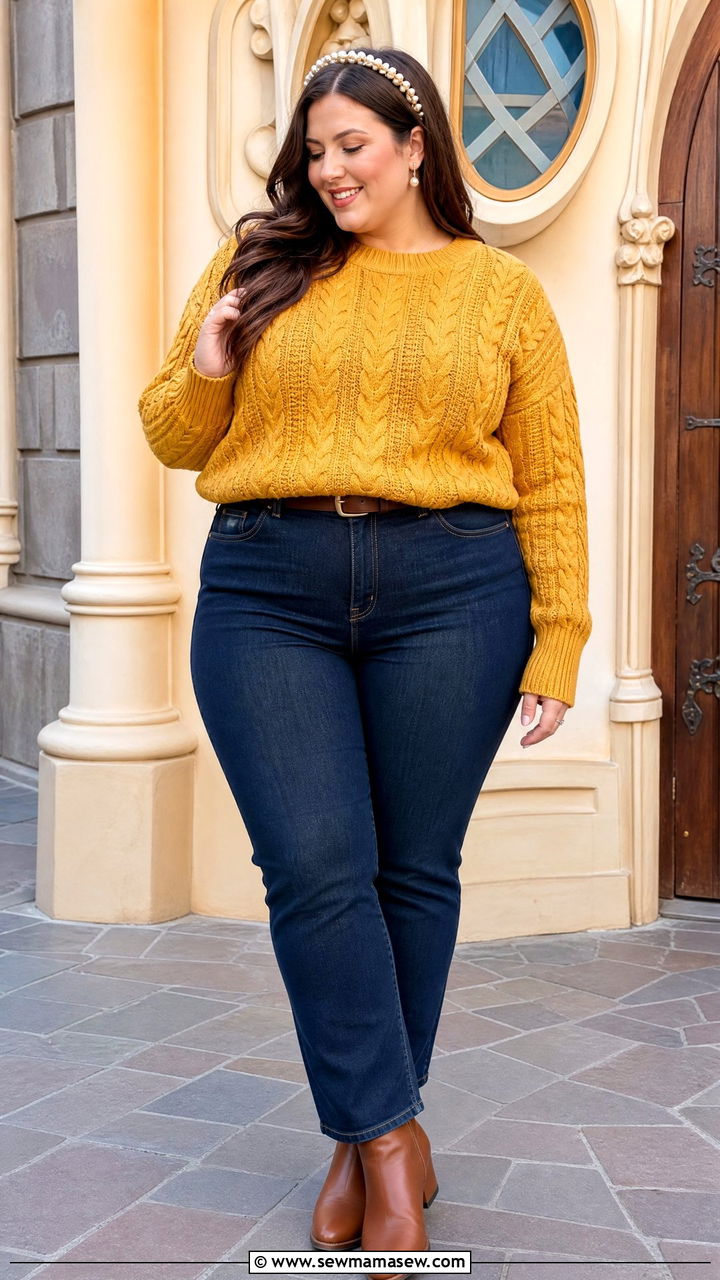Plus Size Belle Inspired Yellow Sweater Outfit - 30 Plus size Disney outfit ideas
