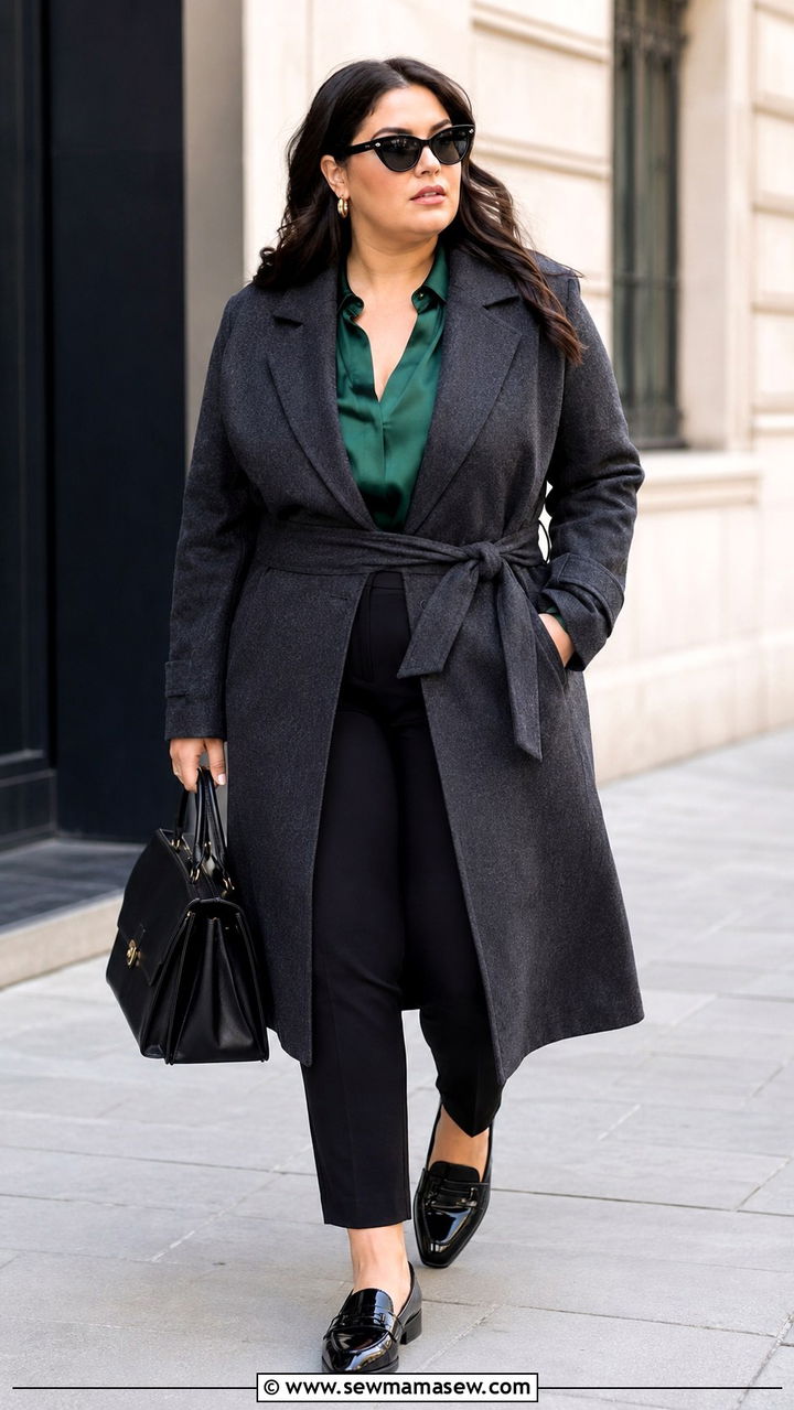 Plus Size Belted Charcoal Coat and Cigarette Pants - 25 Plus size outfit ideas French girl
