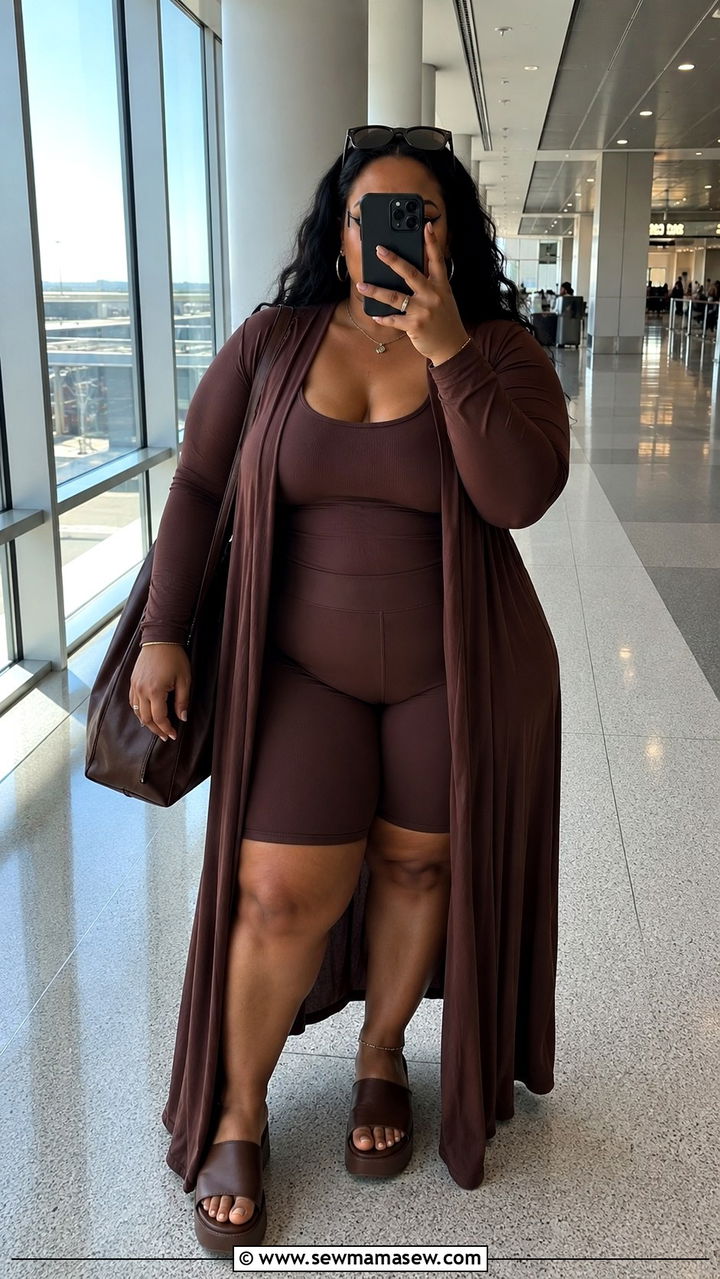 Plus Size Bike Shorts Set With Longline Cardigan Airport Outfit - 30 Plus size airport outfit ideas