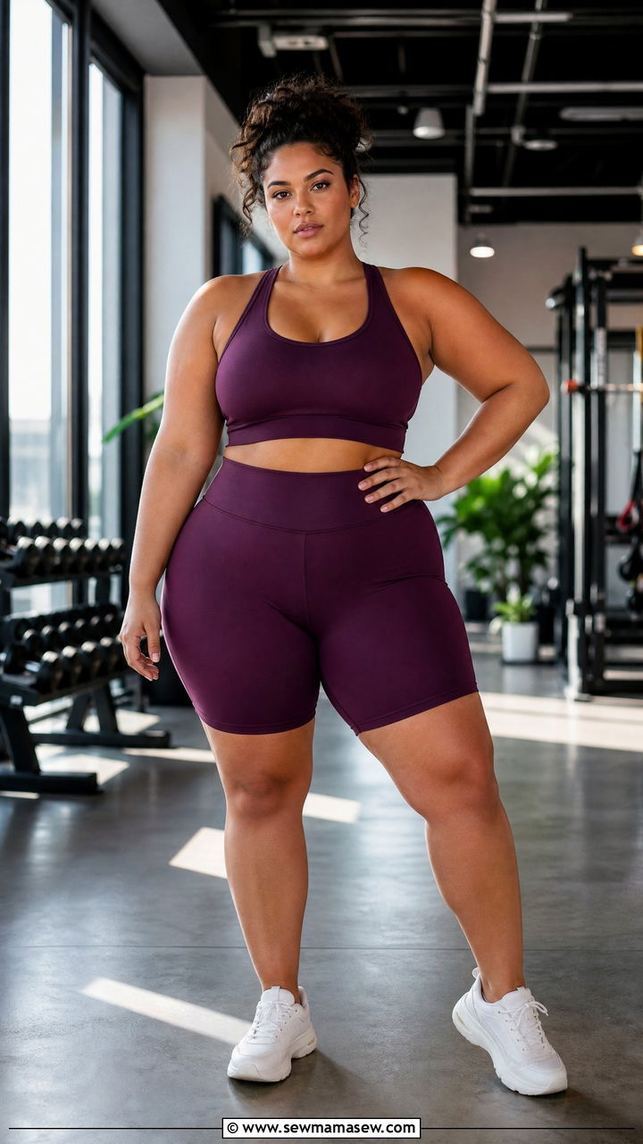 Plus Size Biker Shorts with Supportive Sports Bra and Cushioned Running Shoes - 25 Gym outfit ideas with biker shorts