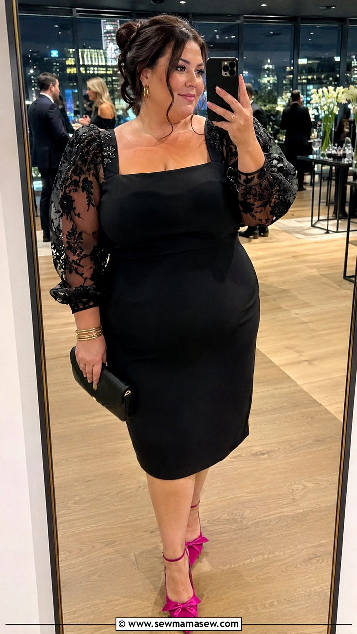 Plus Size Black Cocktail Dress With Statement Sleeves Wedding Guest Outfit - 25 Wedding guest outfit ideas size 20