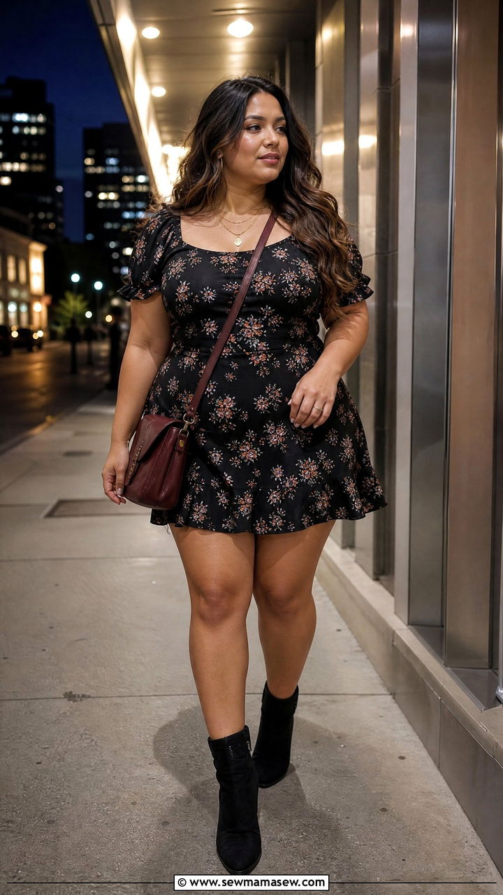 Plus Size Black Floral Cropped Sleeve Mini Dress Outfit - 25 Mini dress outfit ideas plus size