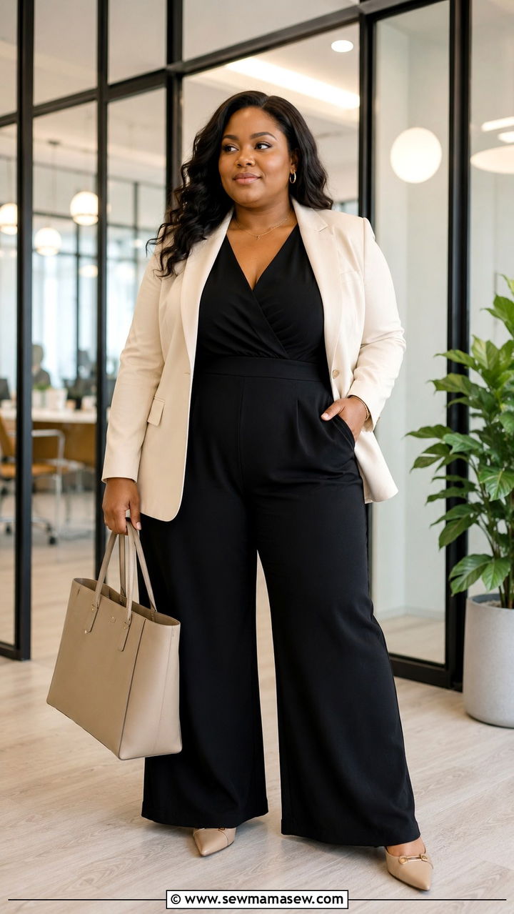 Plus Size Black Jumpsuit and Blazer Outfit - 25 Plus size capsule wardrobe 2026