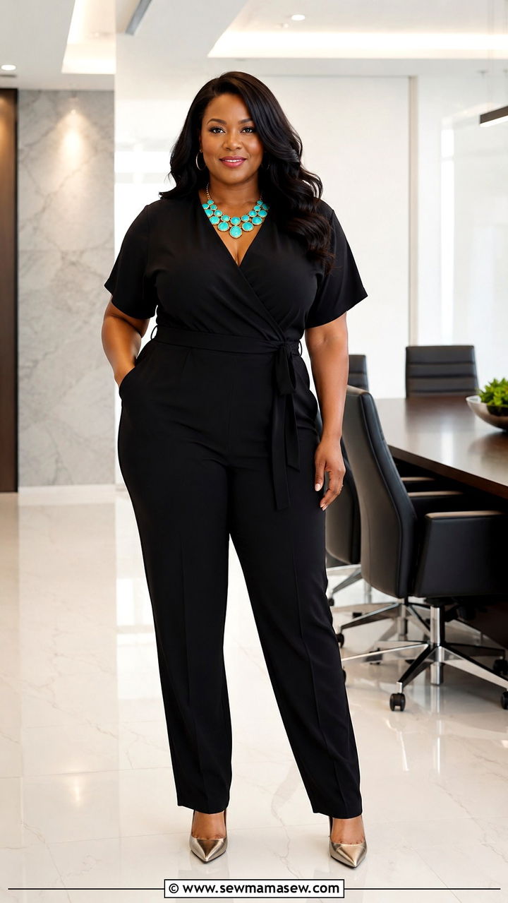 Plus Size Black Jumpsuit and Statement Necklace Summer Work Outfit - 30 Plus size work outfit ideas summer