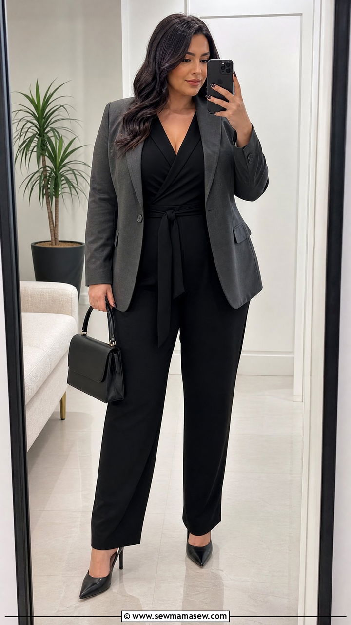 Plus Size Black Jumpsuit with Blazer Outfit - 25 Jumpsuit outfit ideas plus size