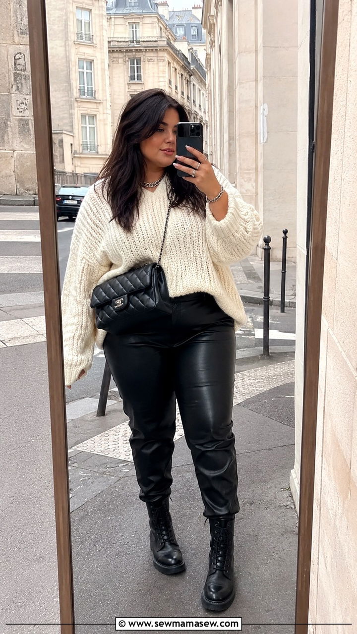 Plus Size Black Leather Pants with Oversized Sweater and Combat Boots - 30 Parisian outfits plus size