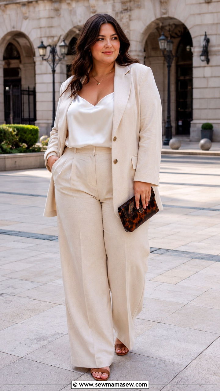Plus Size Blazer And WideLeg Trousers Wedding Guest Outfit - 30 plus size summer wedding guest outfit ideas