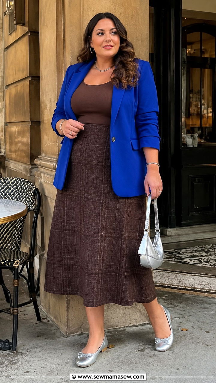 Plus Size Blue Blazer With Plaid Midi Skirt - 30 Plus size outfit ideas for brunch