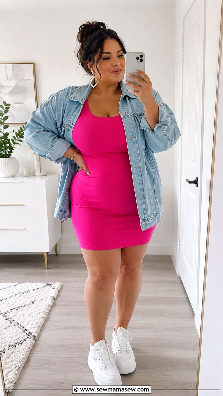 Plus Size Bodycon Dress and Oversized Denim Jacket Outfit - 30 plus size summer concert outfit ideas