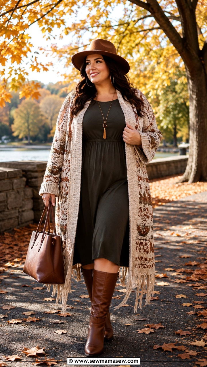 Plus Size Boho Cardigan Coat Over Dress Outfit - 30 Boho outfits plus size