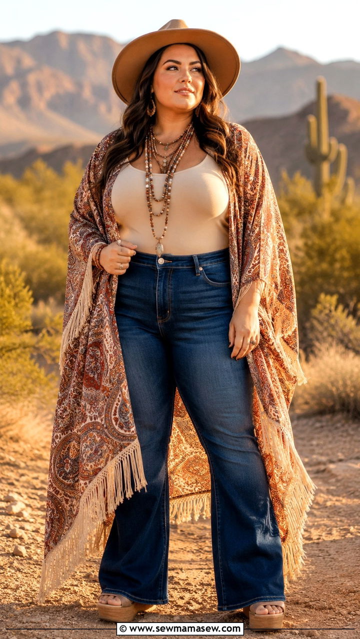 Plus Size Boho Kimono and Flare Jeans Outfit - 25 Photoshoot outfits for plus size