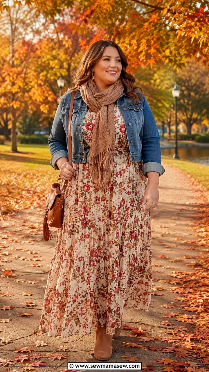 Plus Size Boho Maxi Dress With Denim Jacket - 30 Boho outfits plus size