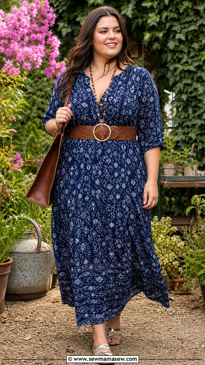 Plus Size Boho Maxi Dress With Woven Belt And Flat Sandals - 40 Boho outfit ideas 2026