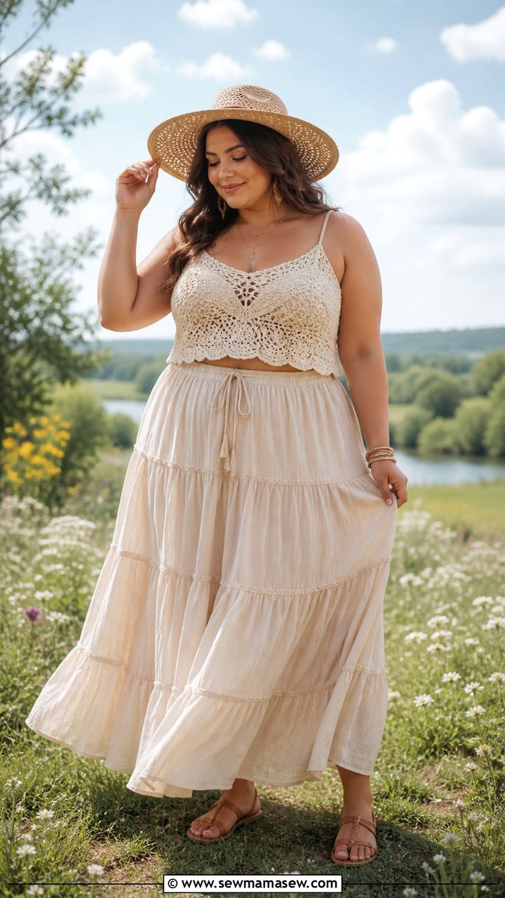 Plus Size Boho Outfit with Maxi Skirt and Crochet Top - 40 Plus size outfit ideas