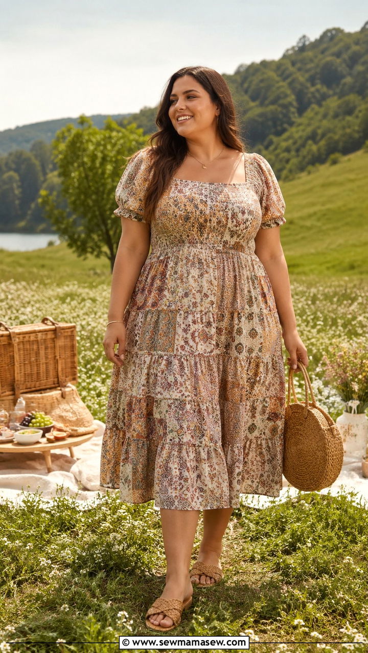 Plus Size Boho Puff Sleeve Midi Dress Outfit - 30 Boho outfits plus size