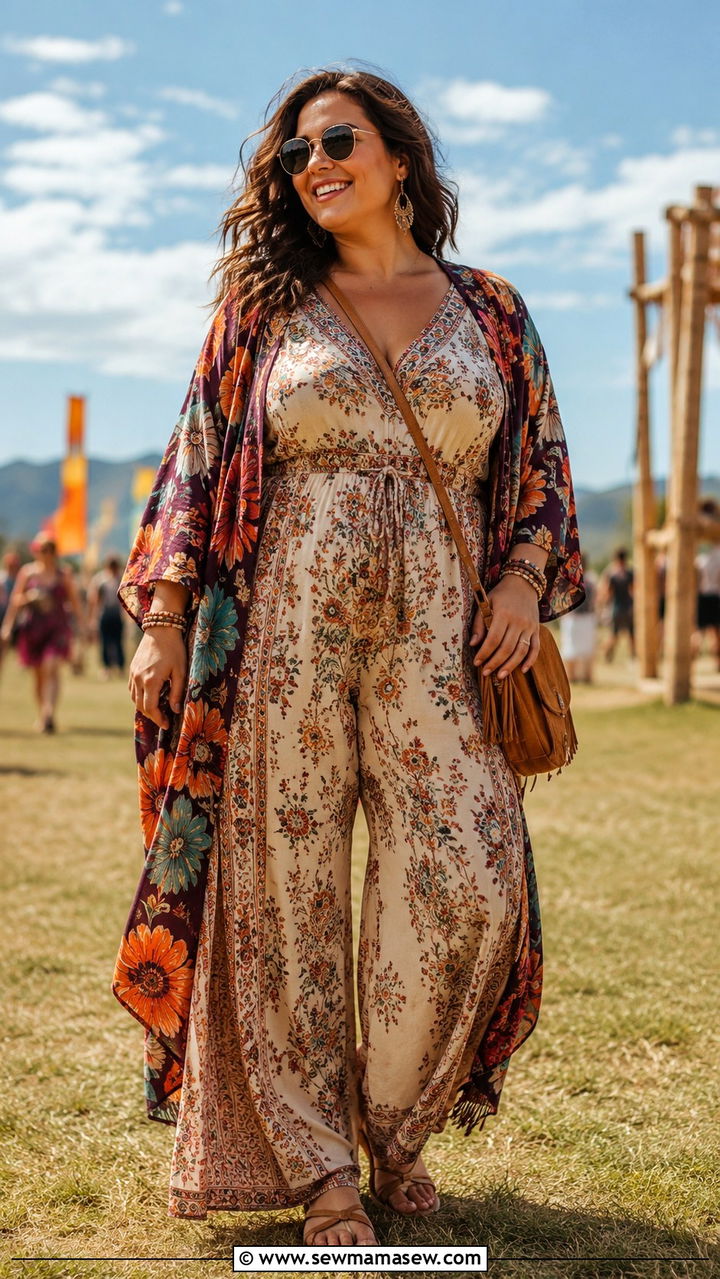 Plus Size Boho Romper With Kimono Outfit - 30 Boho outfits plus size