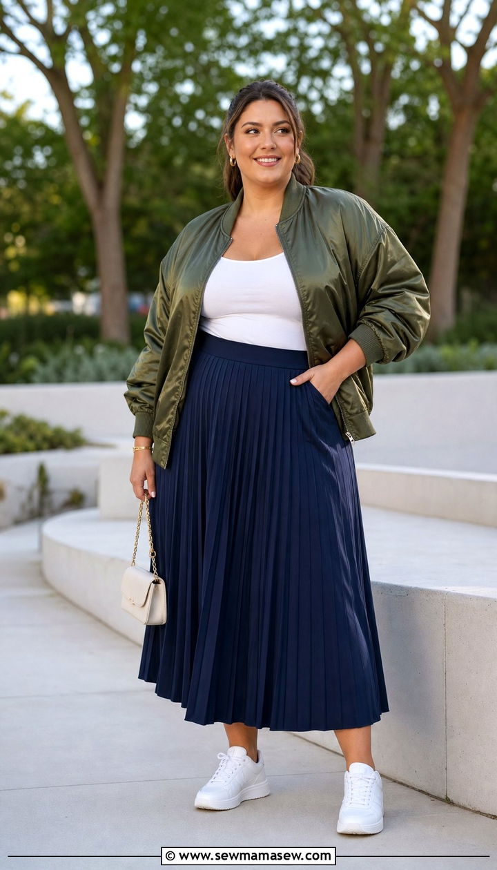 Plus Size Bomber Jacket and Pleated Skirt - 25 Sporty chic outfit ideas plus size