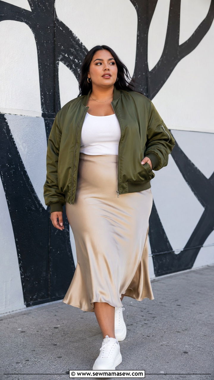 Plus Size Bomber Jacket and Satin Midi Skirt Urban Photoshoot Outfit - 30 Plus size photoshoot outfit ideas