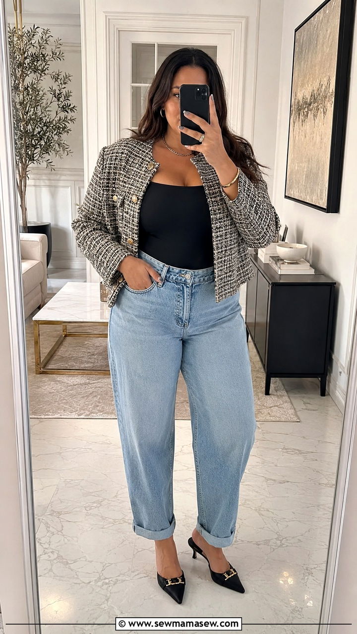Plus Size Boyfriend Jeans With Bodysuit Outfit - 30 transitional plus size outfit ideas