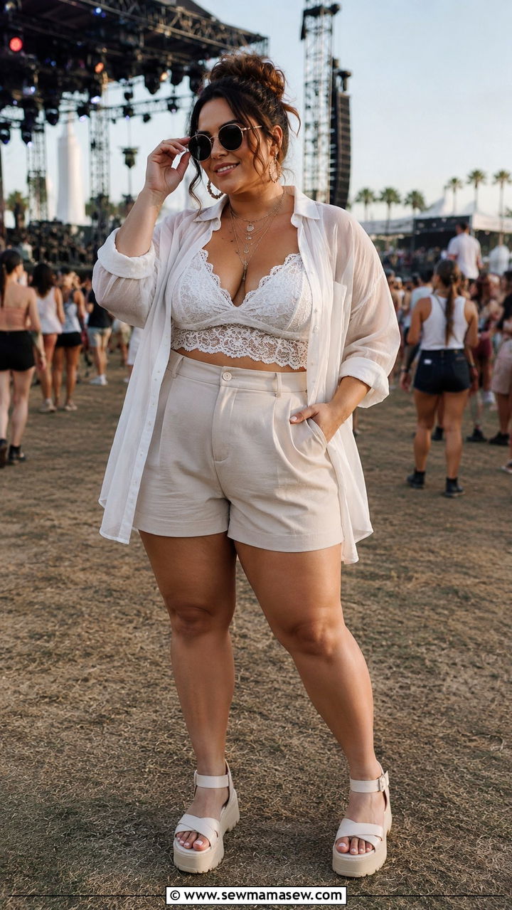 Plus Size Bralette and High Waisted Trouser Shorts Outfit - 30 plus size summer concert outfit ideas