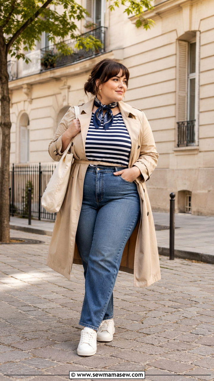 Plus Size Breton Striped Top with High Waisted Jeans and Trench Coat - 30 Parisian outfits plus size