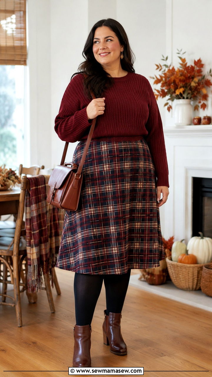 Plus Size Burgundy Knit and Plaid Charm Outfit - 30 Plus size modest outfit ideas