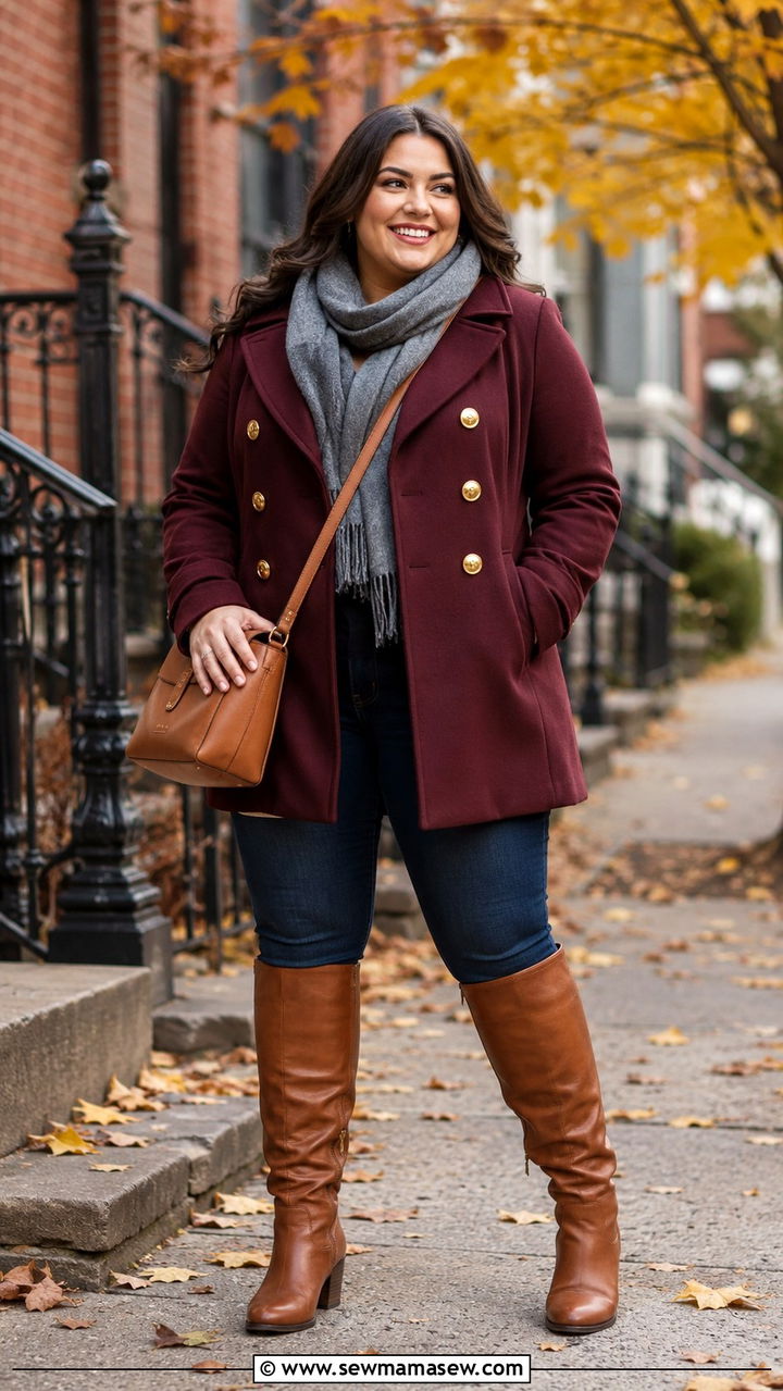 Plus Size Burgundy Peacoat and Slim Jeans with Knee High Boots - 25 Plus size outfit ideas French girl