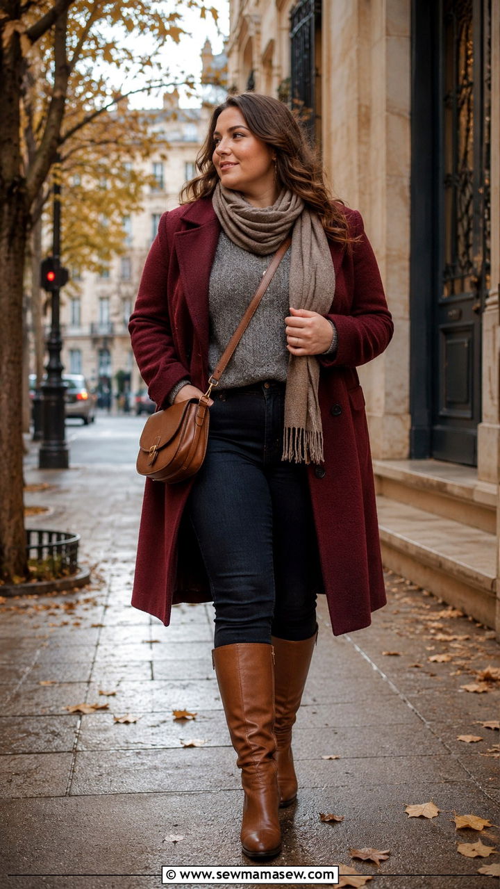 Plus Size Burgundy Peacoat with Slim Jeans and Knee High Boots - 30 Parisian outfits plus size