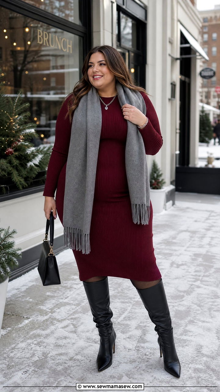 Plus Size Burgundy Sweater Dress With Boots - 30 Plus size outfit ideas for brunch