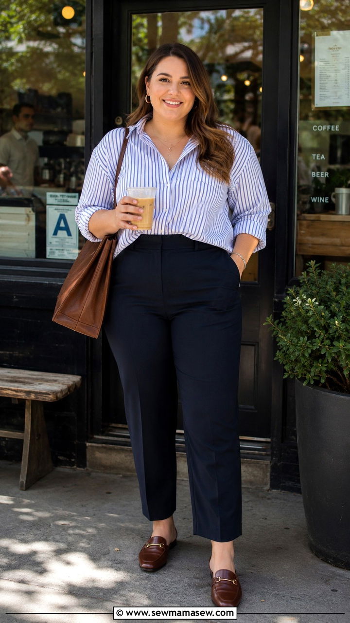 Plus Size Button Down Shirt French Tucked with Straight Leg Trousers - 20 Outfit ideas to hide belly fat plus size