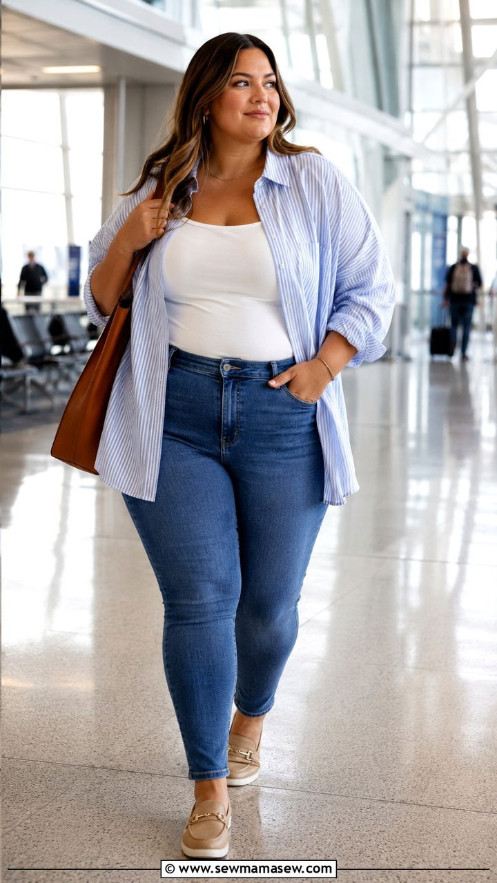 Plus Size Button Down Shirt With Stretch Jeans Airport Outfit - 30 Plus size airport outfit ideas