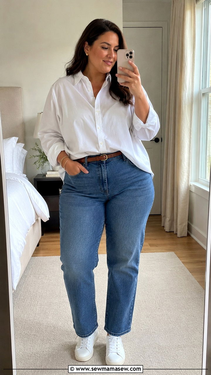 Plus Size Button Down Shirt and Straight Leg Jeans Outfit - 25 Plus size outfit ideas for 12-14