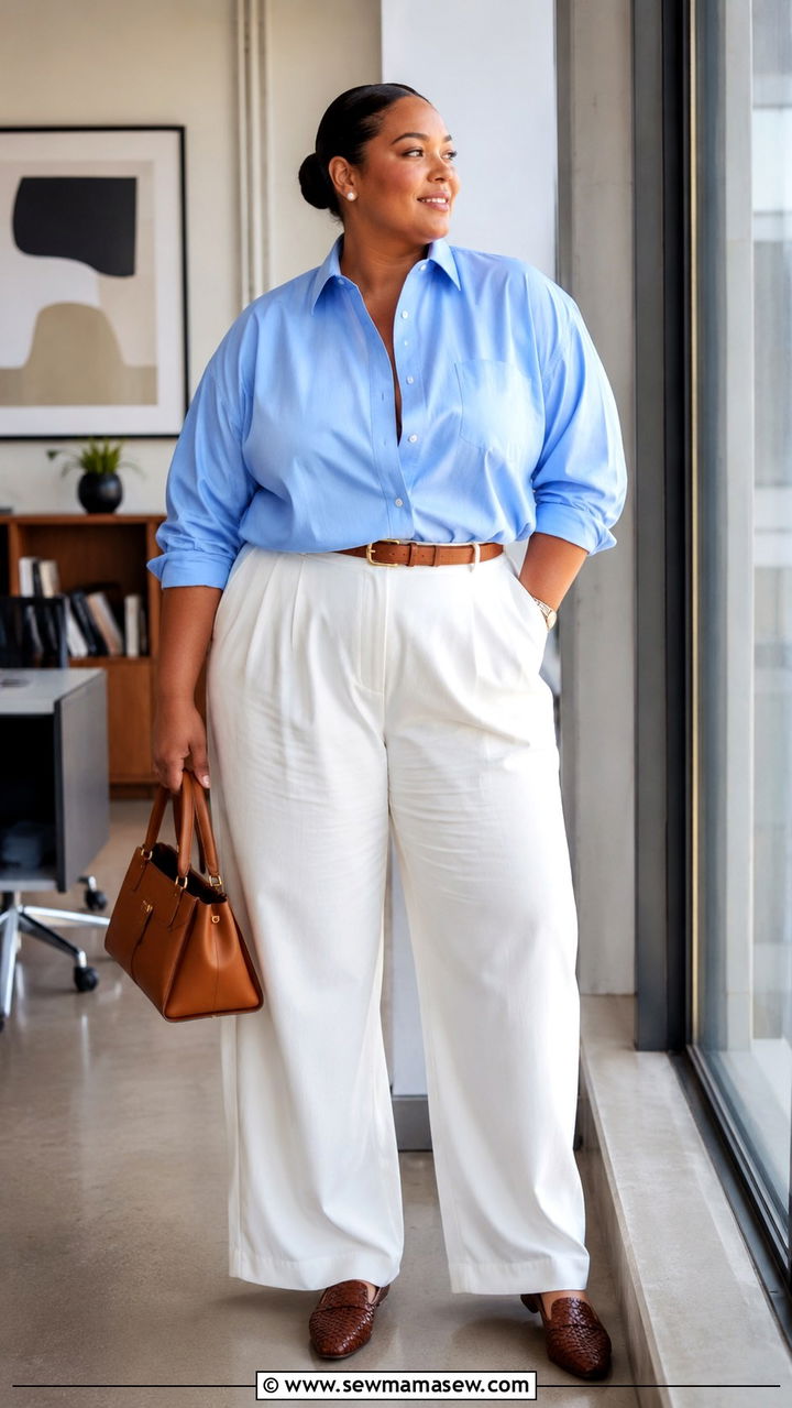 Plus Size Button Down Shirt with Wide Leg Trousers - 30 Plus size modest outfit ideas