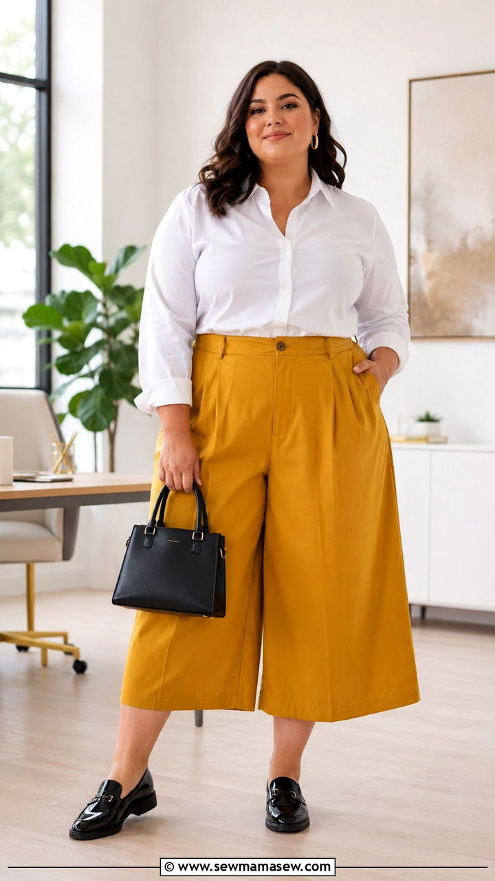 Plus Size Button Up Shirt and Culottes Summer Work Outfit - 30 Plus size work outfit ideas summer
