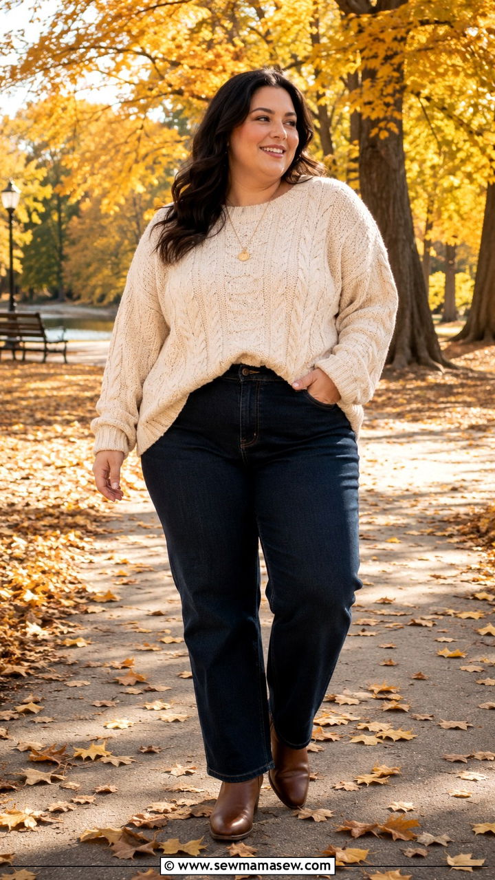 Plus Size Cable Knit Sweater and Straight Leg Jeans Outfit - 25 Plus size outfit ideas for 12-14