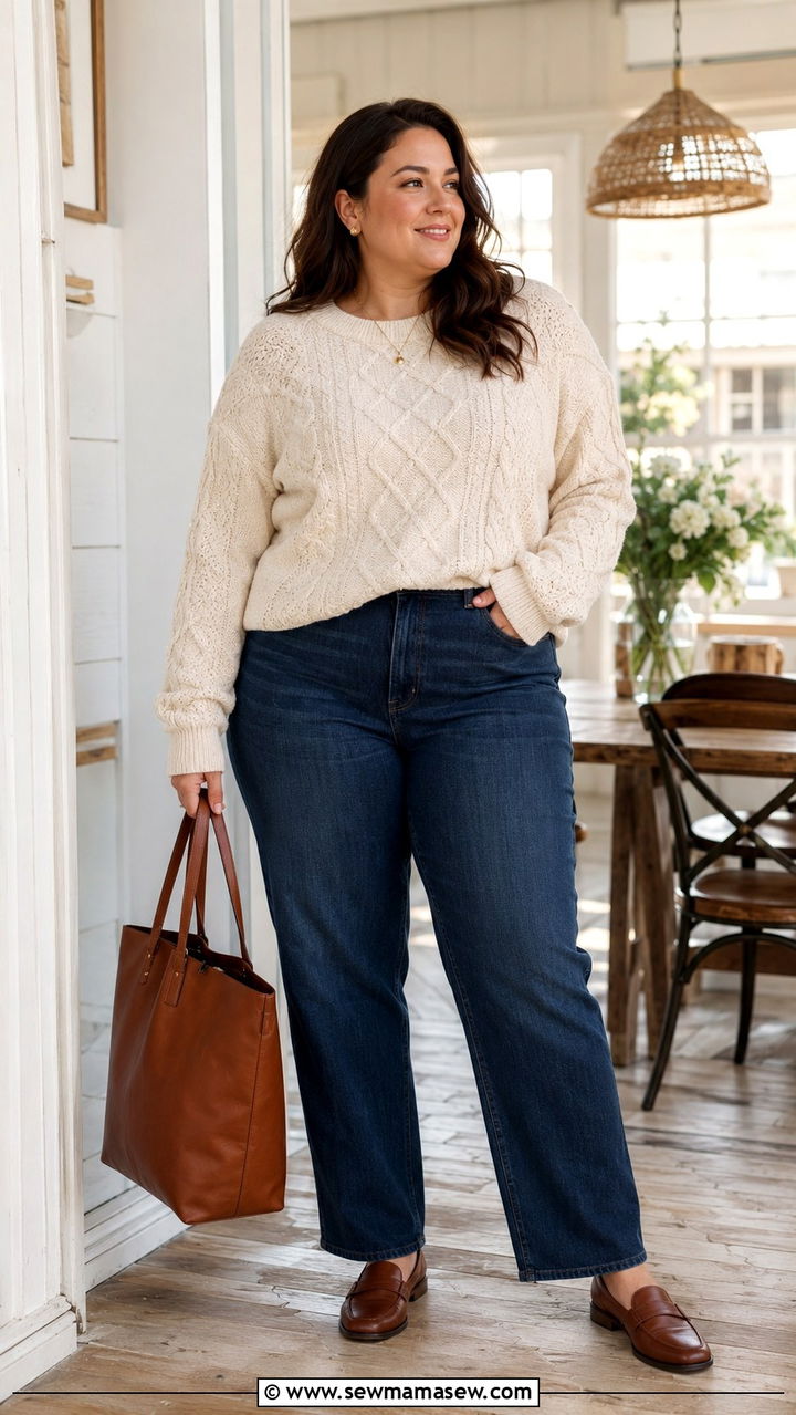 Plus Size Cable Knit Sweater and Straight Leg Jeans - 30 Old money outfit ideas plus size