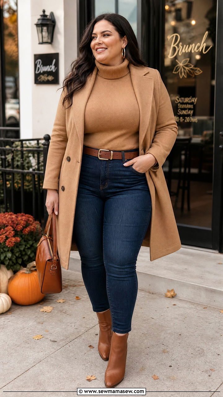 Plus Size Camel Turtleneck With Dark Denim - 30 Plus size outfit ideas for brunch