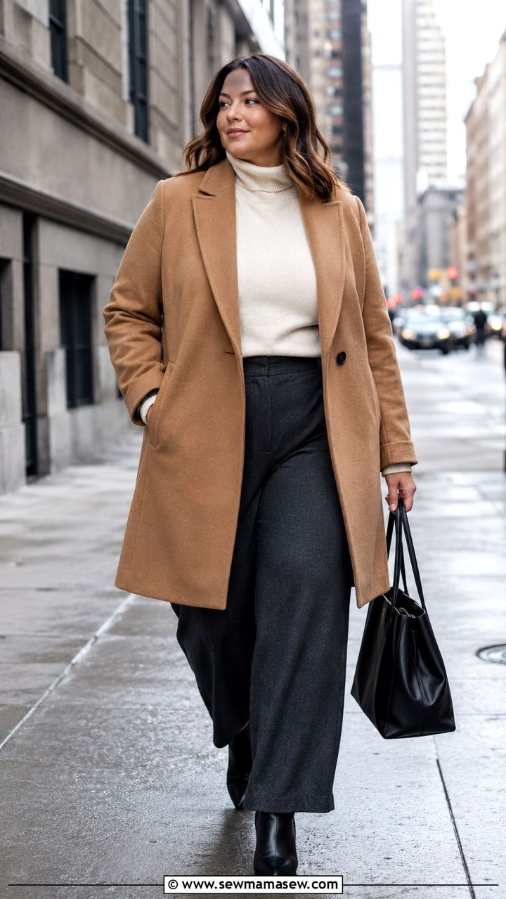 Plus Size Camel Wool Coat and Wide Leg Trousers - 25 Plus size outfit ideas French girl