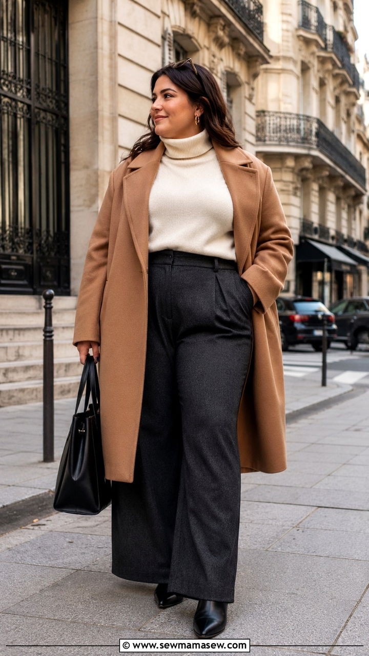 Plus Size Camel Wool Coat with Wide Leg Trousers - 30 Parisian outfits plus size