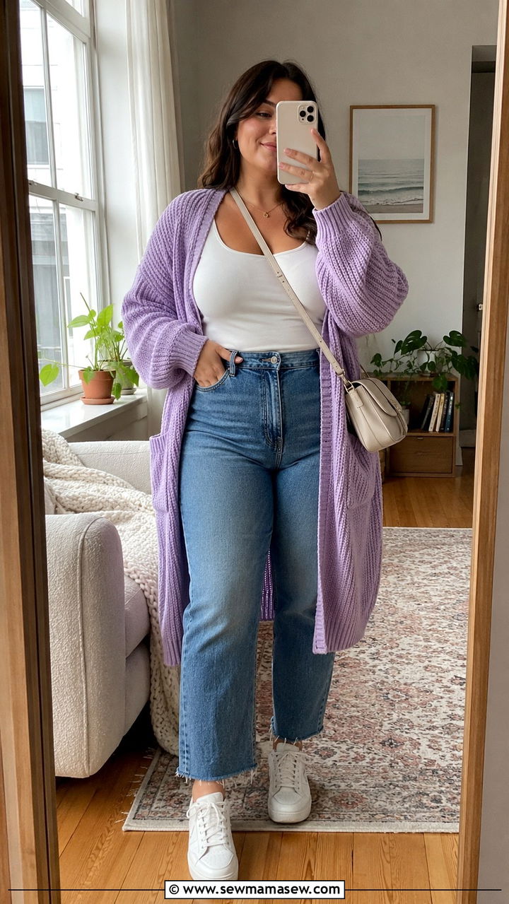 Plus Size Cardigan and High Waist Jeans Outfit - 25 Plus size capsule wardrobe 2026