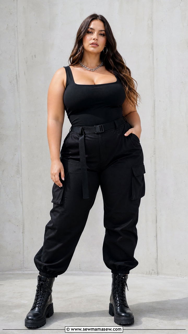 Plus Size Cargo Pants With Bodysuit and Combat Boots - 25 Cargo pants outfit ideas plus size