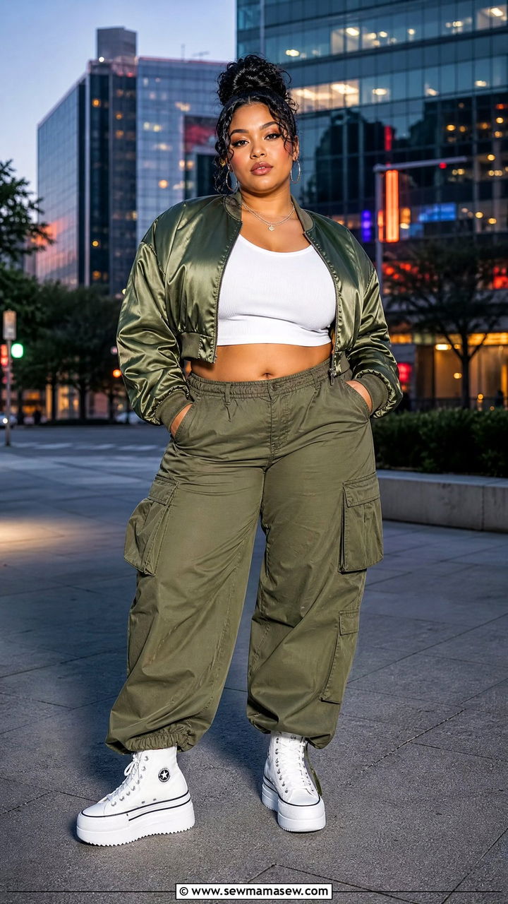 Plus Size Cargo Pants With Bomber Jacket and Platform Sneakers - 25 Cargo pants outfit ideas plus size