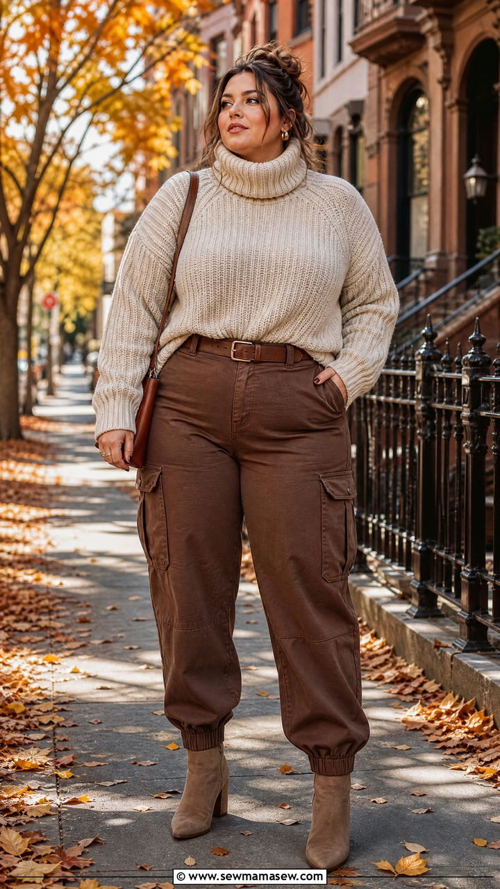 Plus Size Cargo Pants With Chunky Turtleneck and Ankle Boots - 25 Cargo pants outfit ideas plus size