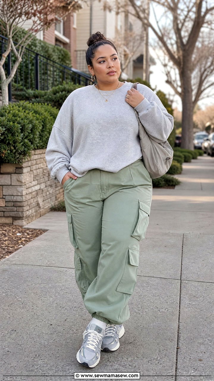 Plus Size Cargo Pants With Crewneck Sweatshirt and Retro Sneakers - 25 Cargo pants outfit ideas plus size