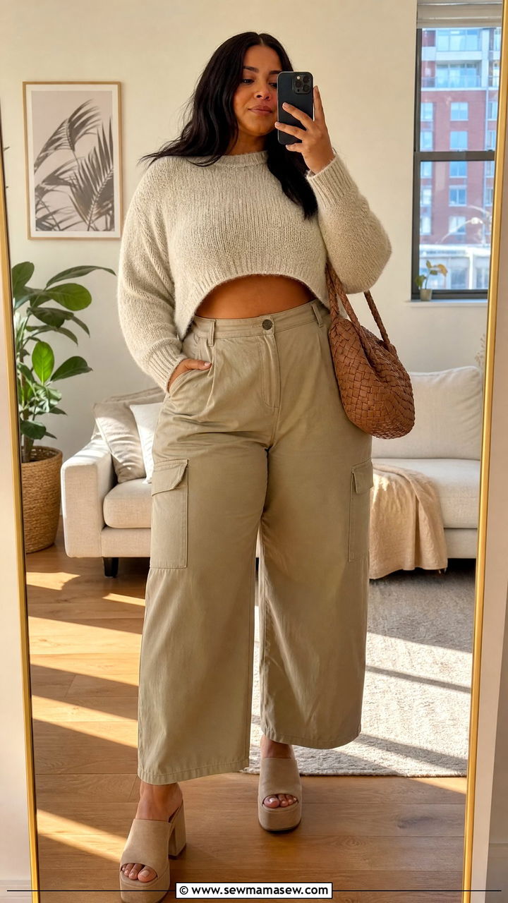 Plus Size Cargo Pants With Cropped Sweater and Platform Mules - 25 Cargo pants outfit ideas plus size