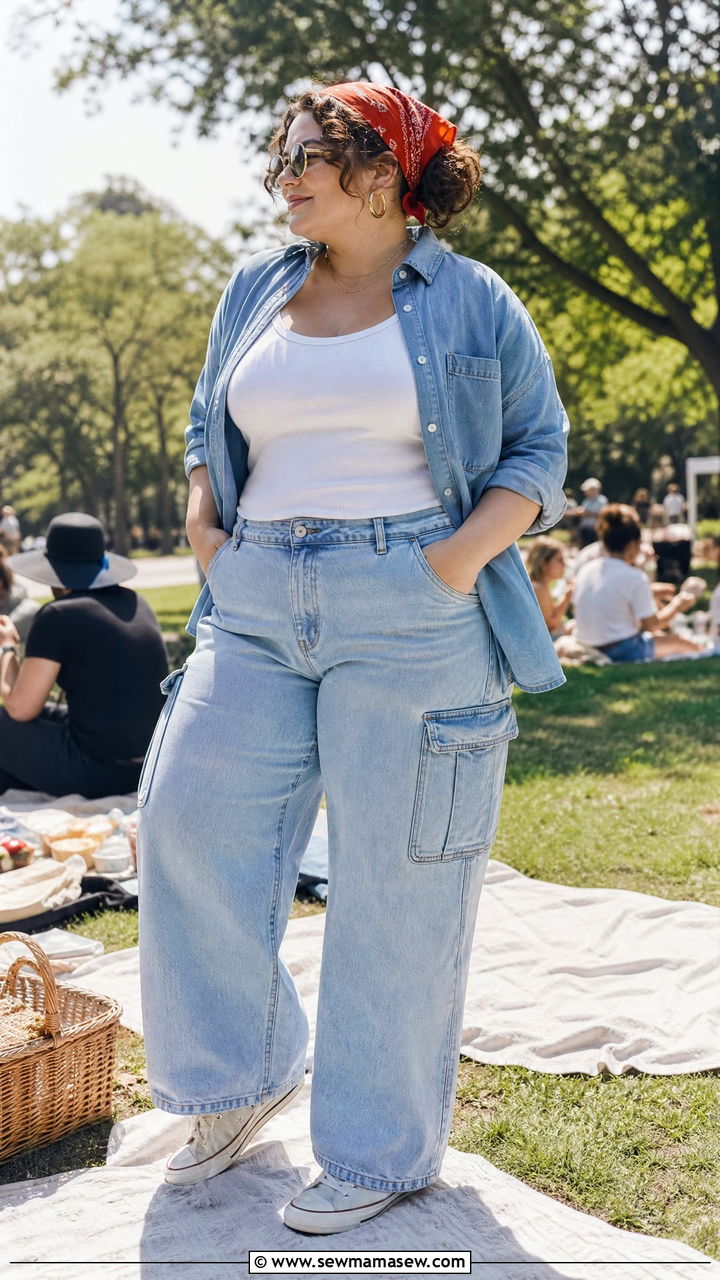 Plus Size Cargo Pants With Denim Button Down and Canvas Sneakers - 25 Cargo pants outfit ideas plus size
